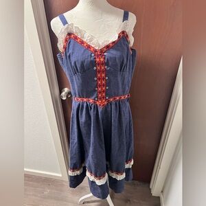 VINTAGE 1970’s Handmade Denim and Embroidered Ribbon Peasant Style Sundress